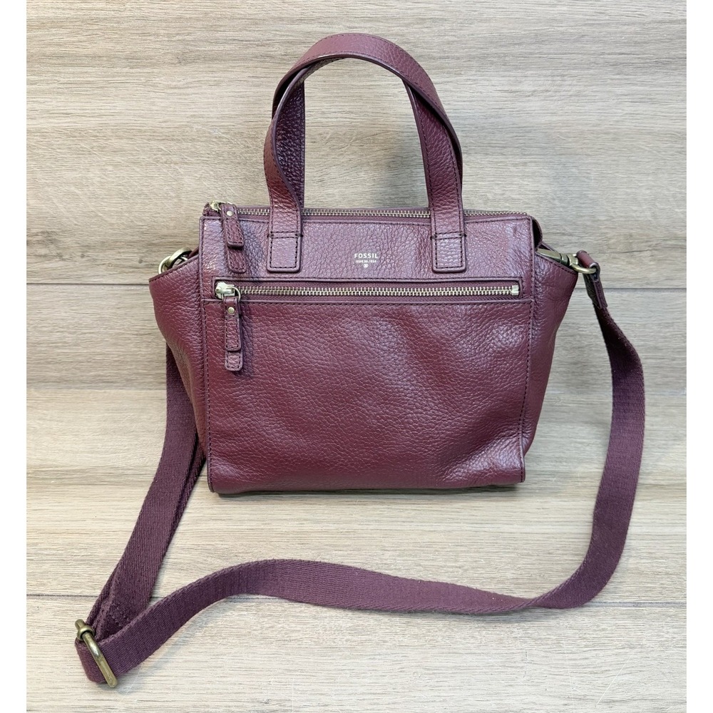 Fossil Tessa Maroon Pebbled Leather Crossbody Satchel Bag Zipper Pocket